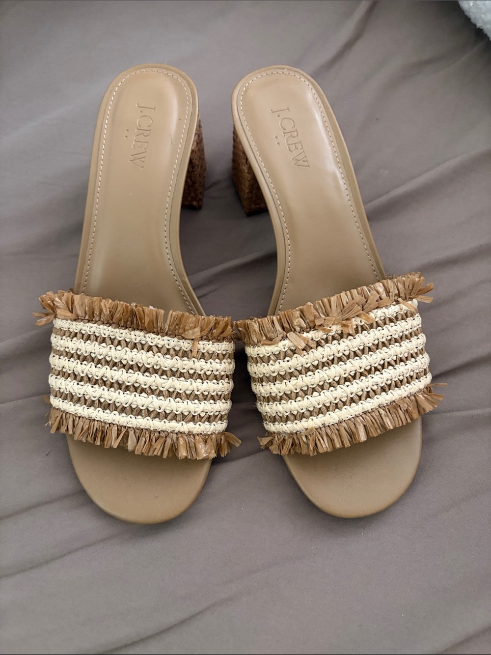 J. Crew Tan and Cream Raffia-Trim Slide Sandals